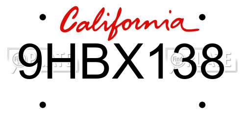 9HBX138 California License Plate