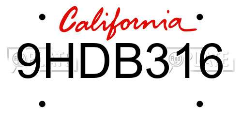 9HDB316 California License Plate