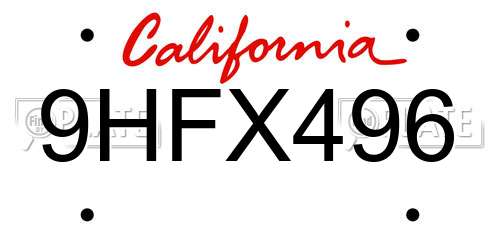9HFX496 California License Plate