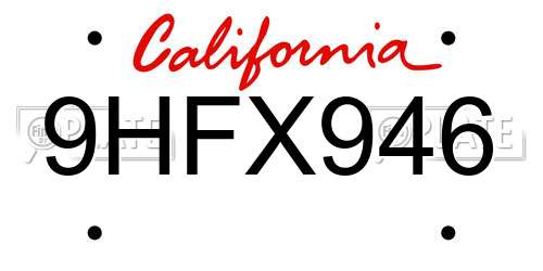 9HFX946 California License Plate
