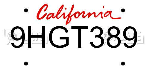 9HGT389 California License Plate