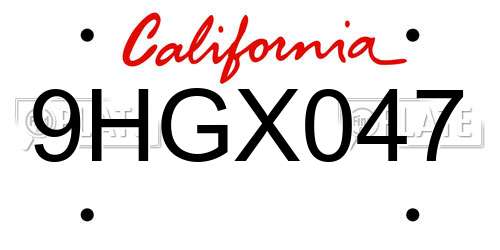 9HGX047 California License Plate