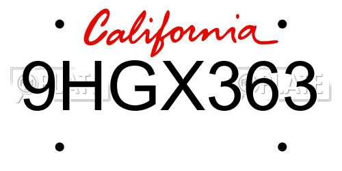 9HGX363 California License Plate