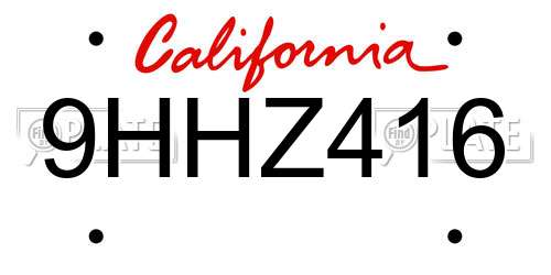 9HHZ416 California License Plate