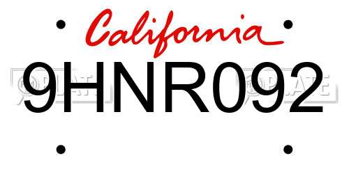 9HNR092 California License Plate