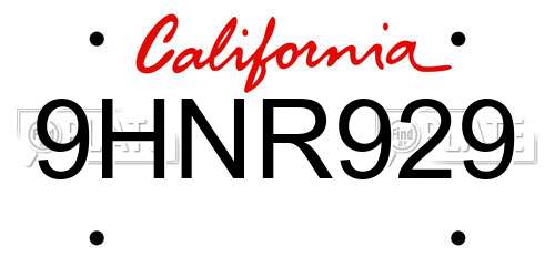 9HNR929 California License Plate