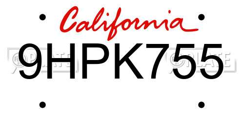 9HPK755 California License Plate