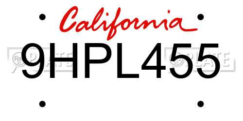 9HPL455 California License Plate
