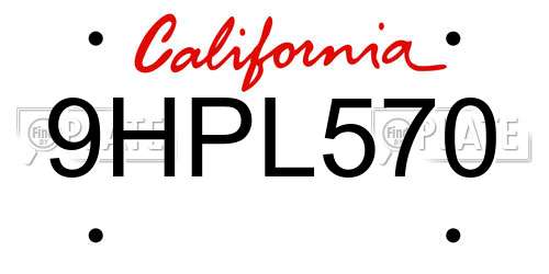 9HPL570 California License Plate
