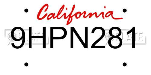 9HPN281 California License Plate