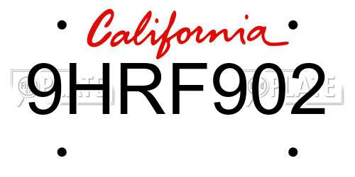 9HRF902 California License Plate