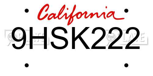 9HSK222 California License Plate