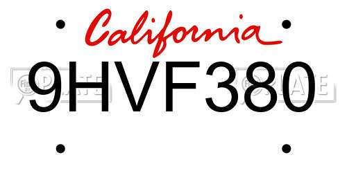 9HVF380 California License Plate