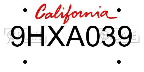 9HXA039 California License Plate
