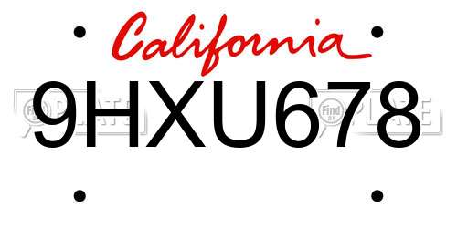9HXU678 California License Plate