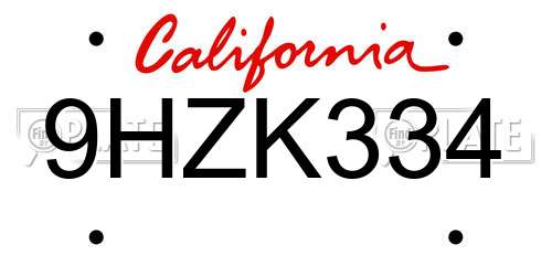 9HZK334 California License Plate