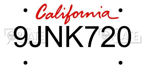 9JNK720 California License Plate