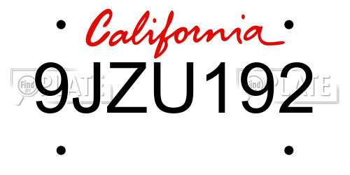 9JZU192 California License Plate