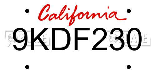 9KDF230 California License Plate