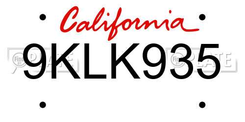 9KLK935 California License Plate