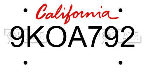 9KOA792 California License Plate