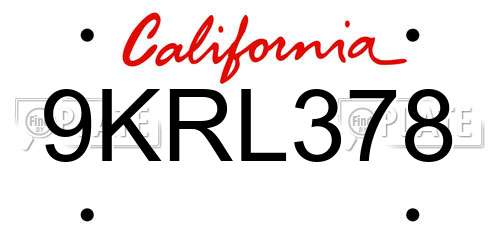 9KRL378 California License Plate