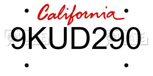 9KUD290 California License Plate