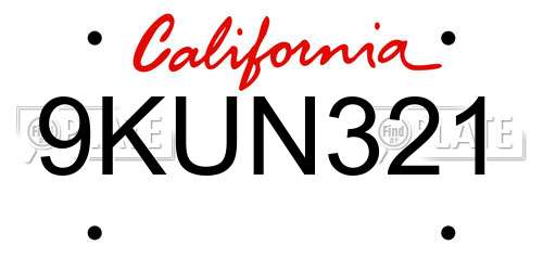 9KUN321 California License Plate
