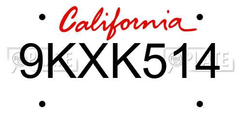 9KXK514 California License Plate