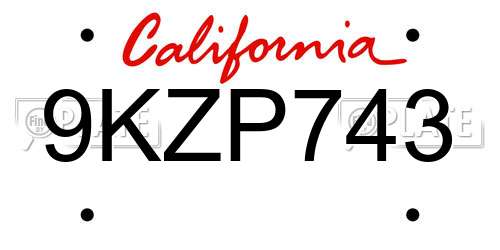 9KZP743 California License Plate