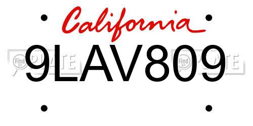 9LAV809 California License Plate