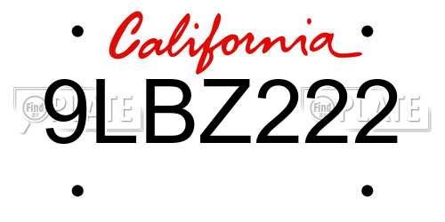 9LBZ222 California License Plate