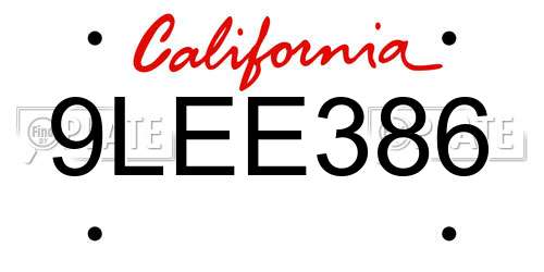 9LEE386 California License Plate