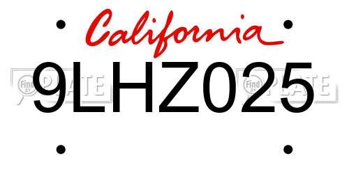 9LHZ025 California License Plate