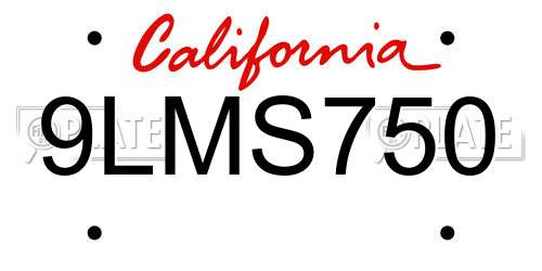 9LMS750 California License Plate