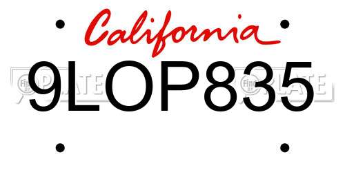 9LOP835 California License Plate