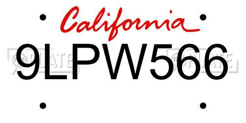 9LPW566 California License Plate