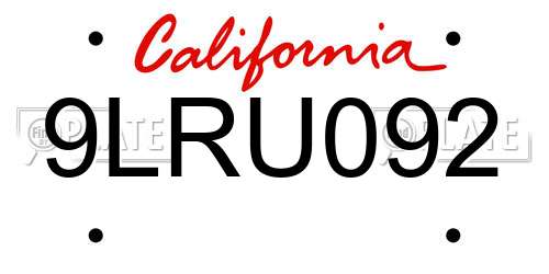 9LRU092 California License Plate