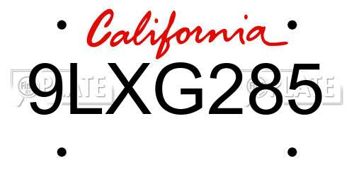 9LXG285 California License Plate