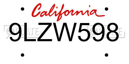 9LZW598 California License Plate