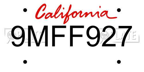9MFF927 California License Plate