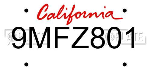 9MFZ801 California License Plate