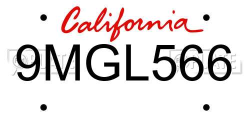 9MGL566 California License Plate