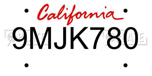9MJK780 California License Plate