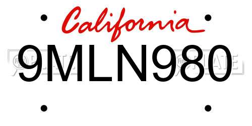 9MLN980 California License Plate