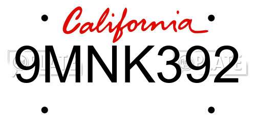 9MNK392 California License Plate