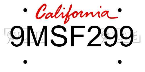 9MSF299 California License Plate