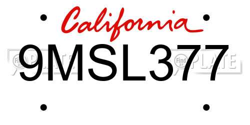 9MSL377 California License Plate