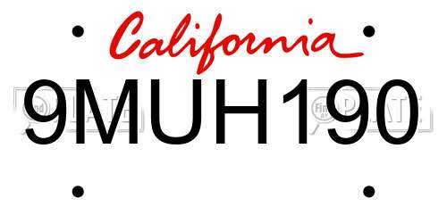 9MUH190 California License Plate