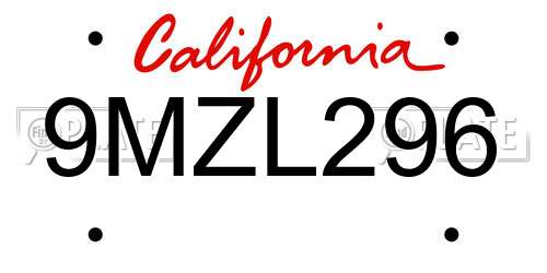 9MZL296 California License Plate